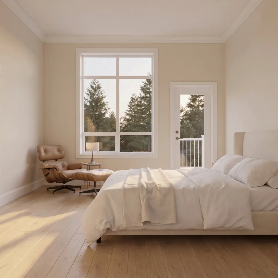 Bright bedroom with large windows in a Maple Place home