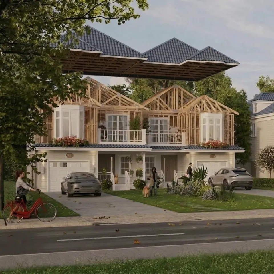 Maple Place home with its roof lifted away to show the timber framing, Bracebridge