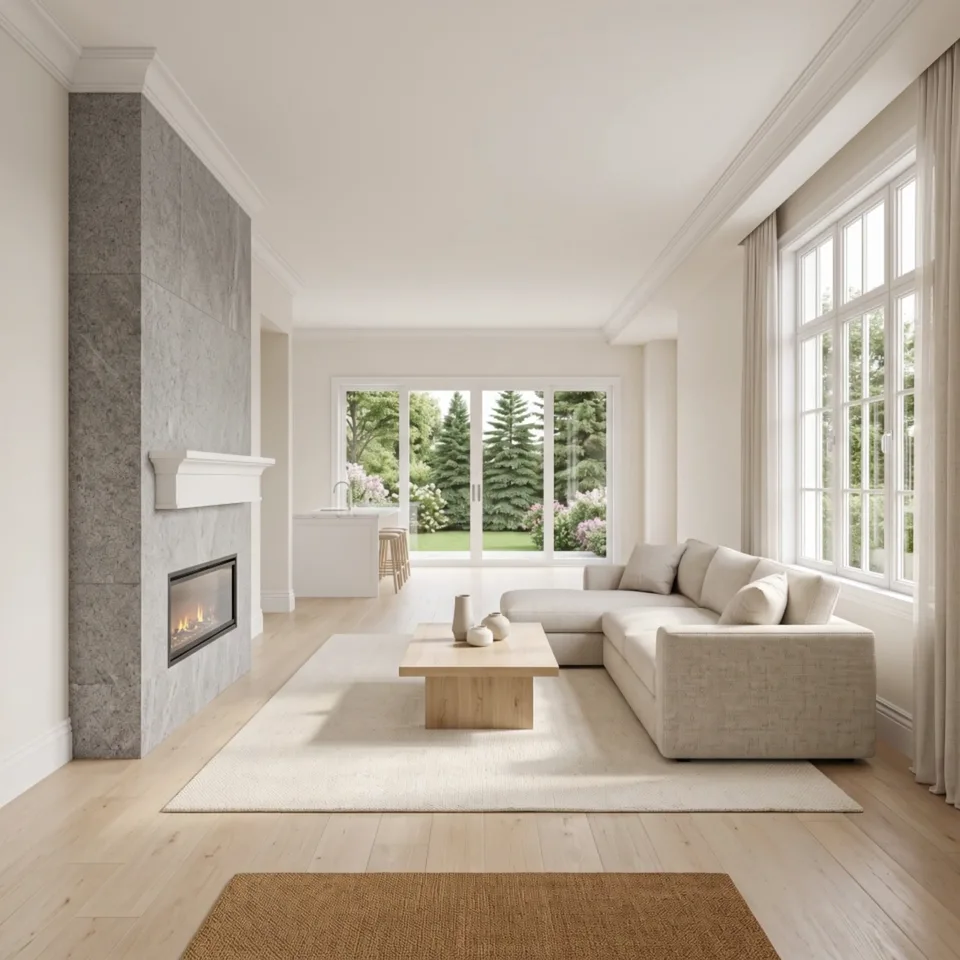 Open-concept kitchen, dining and living area in a new Bracebridge home